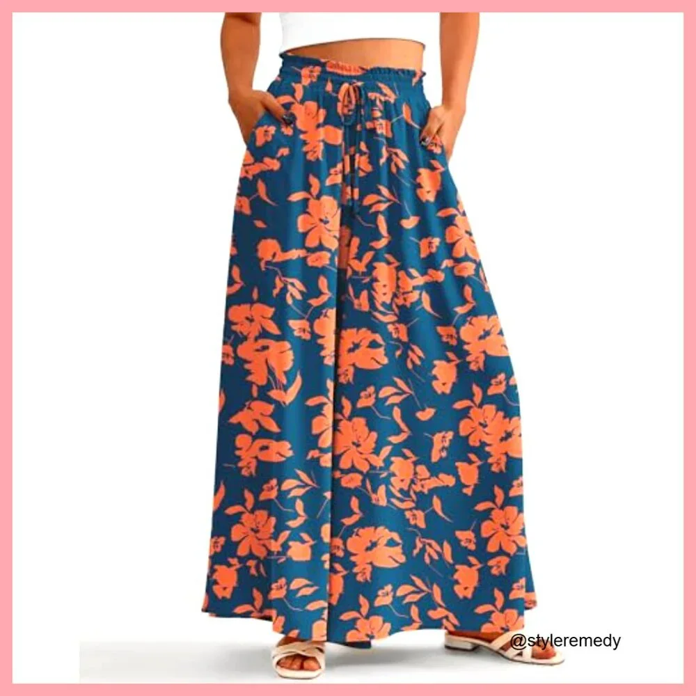 High Waist Wide Leg Palazzo Pants with Drawstring Waist and Pockets - Picture 2 of 7